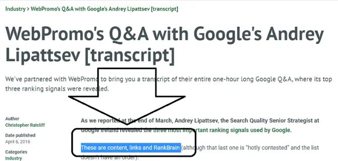 top three ranking signals in Google's search algorithm are links, content, and RankBrain