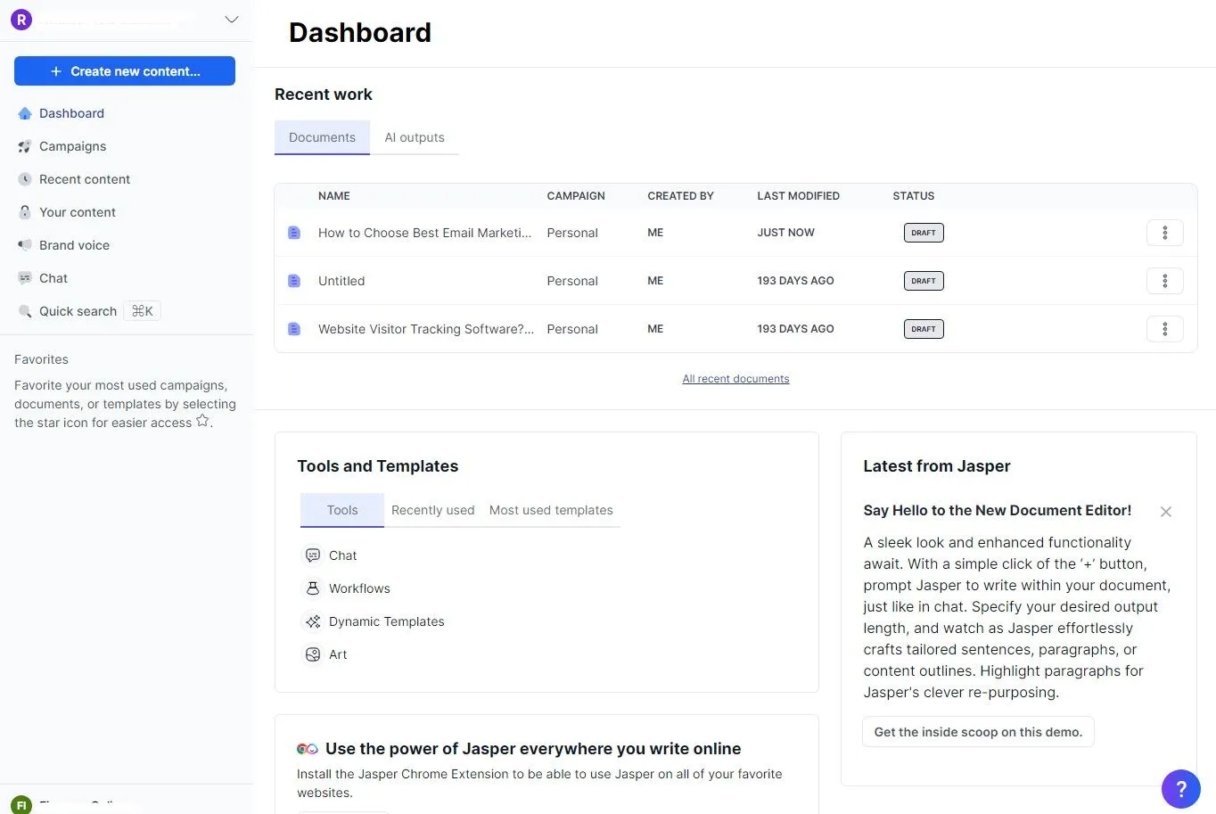 Benefits of AI Copywriting Tools - Jasper AI dashboard