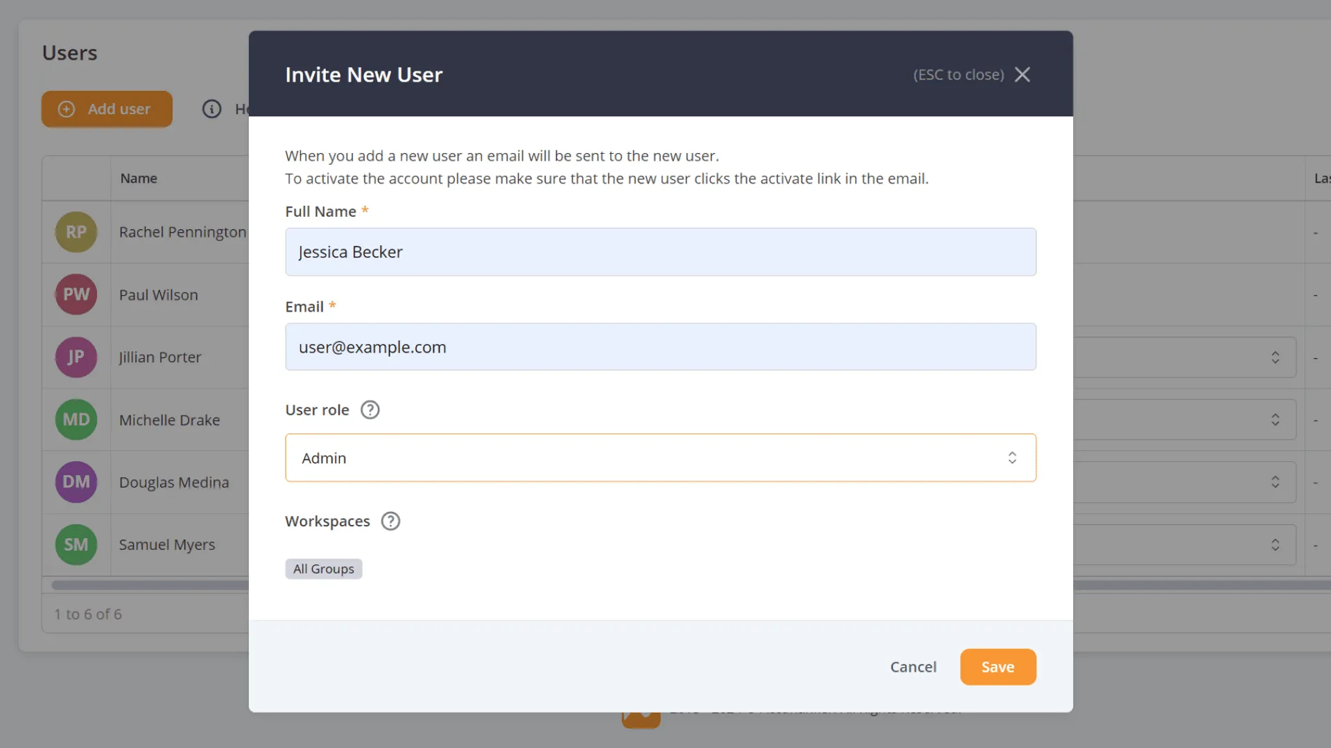 Screenshot showing the "Invite New User" modal