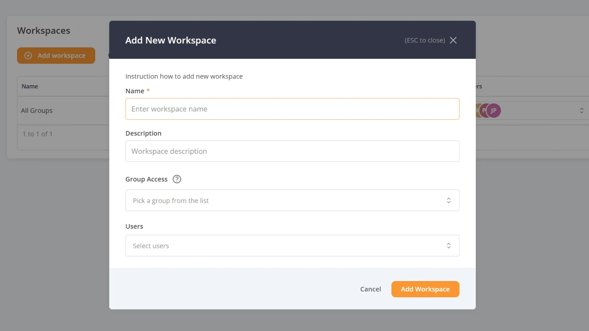 Screenshot of the "Add New Workspace" modal