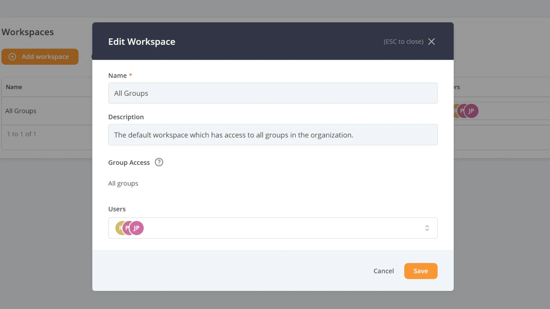 Screenshot of the "Edit Workspace" modal